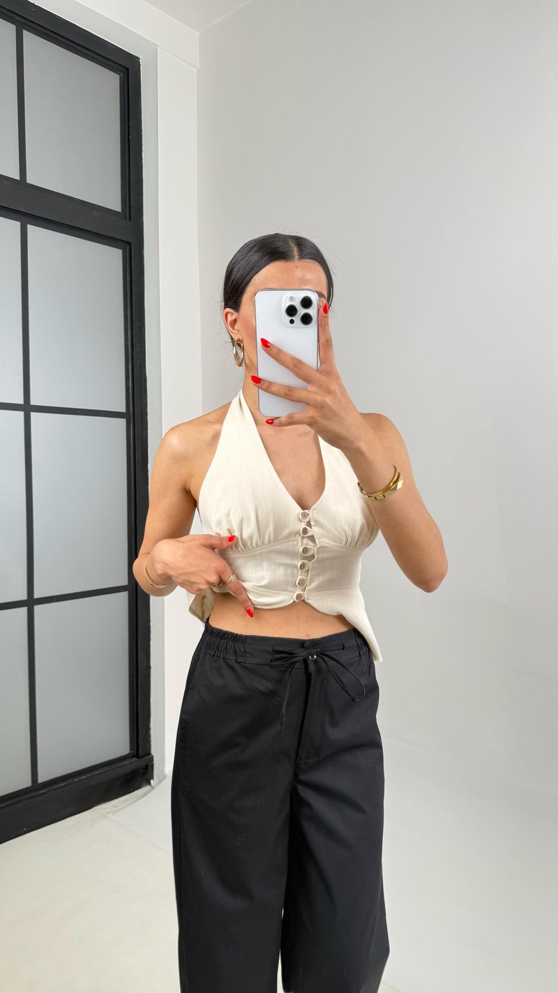 Siyah Beli Lastikli Bağlamalı Cepli Muadil Pantolon Gaus00506 