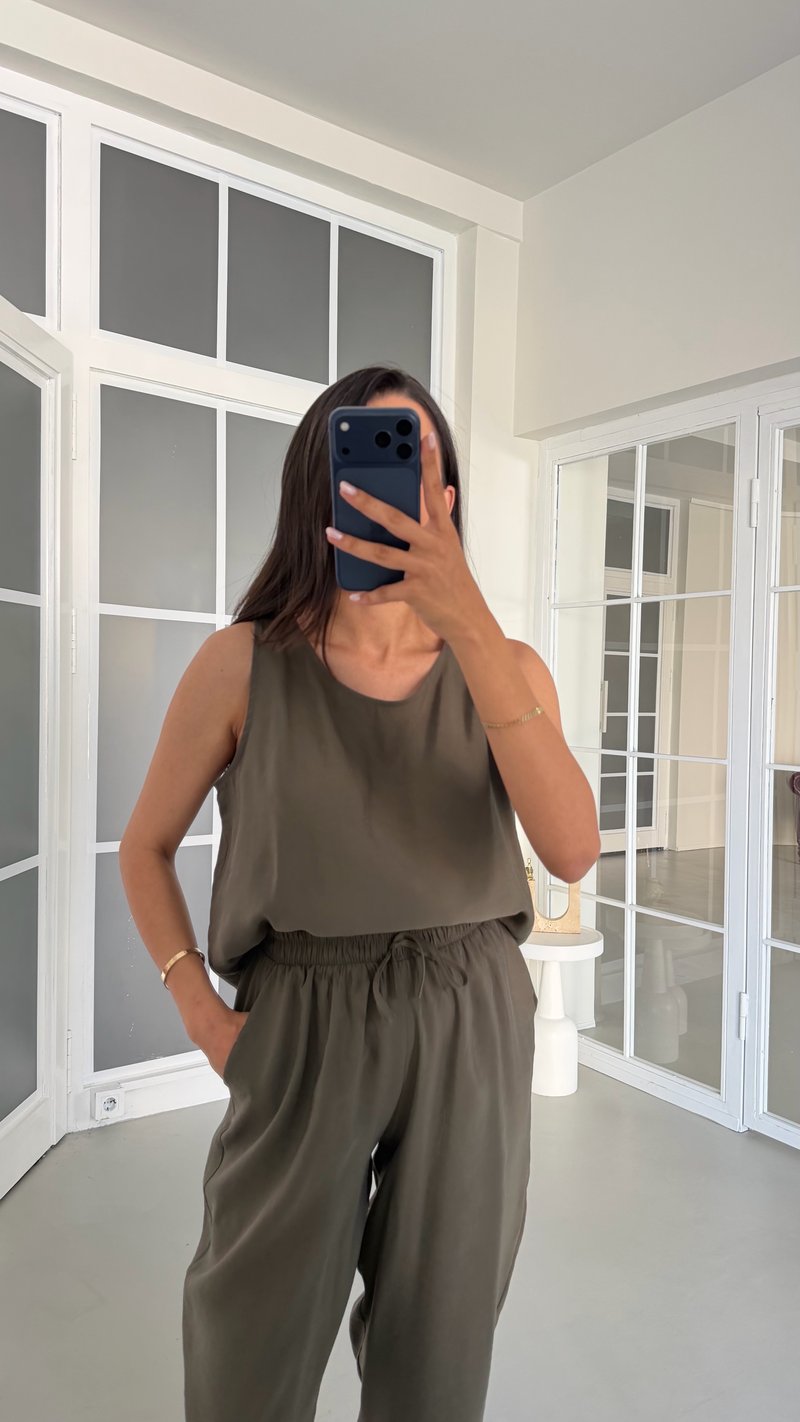 Haki Bluz Beli Lastikli Pantolon İkili Tencel Takım GAUS-01769