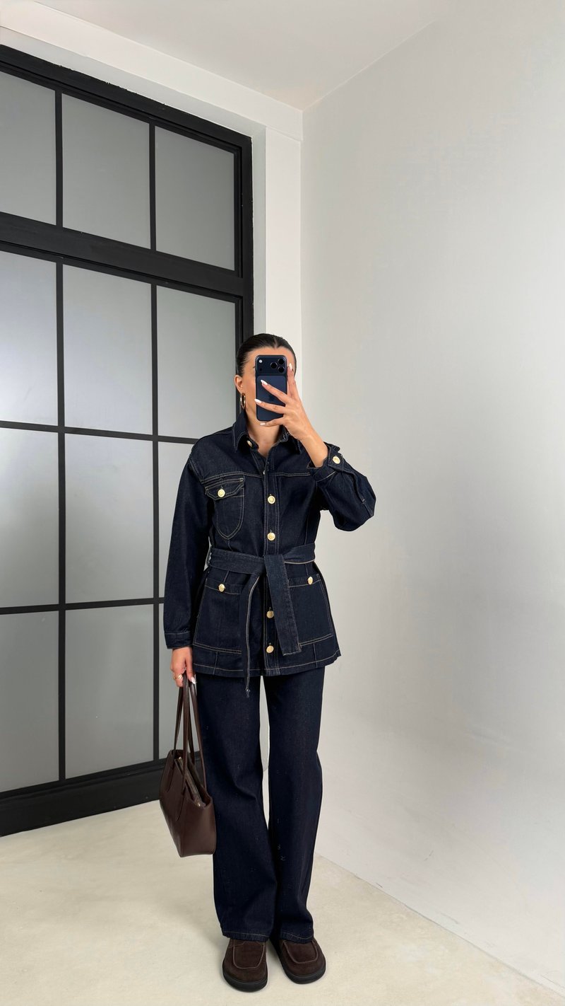 Lacivert Uzun Gold Düğmeli Tasarım Ceket Pantolon Denim Takım GAUS-00586
