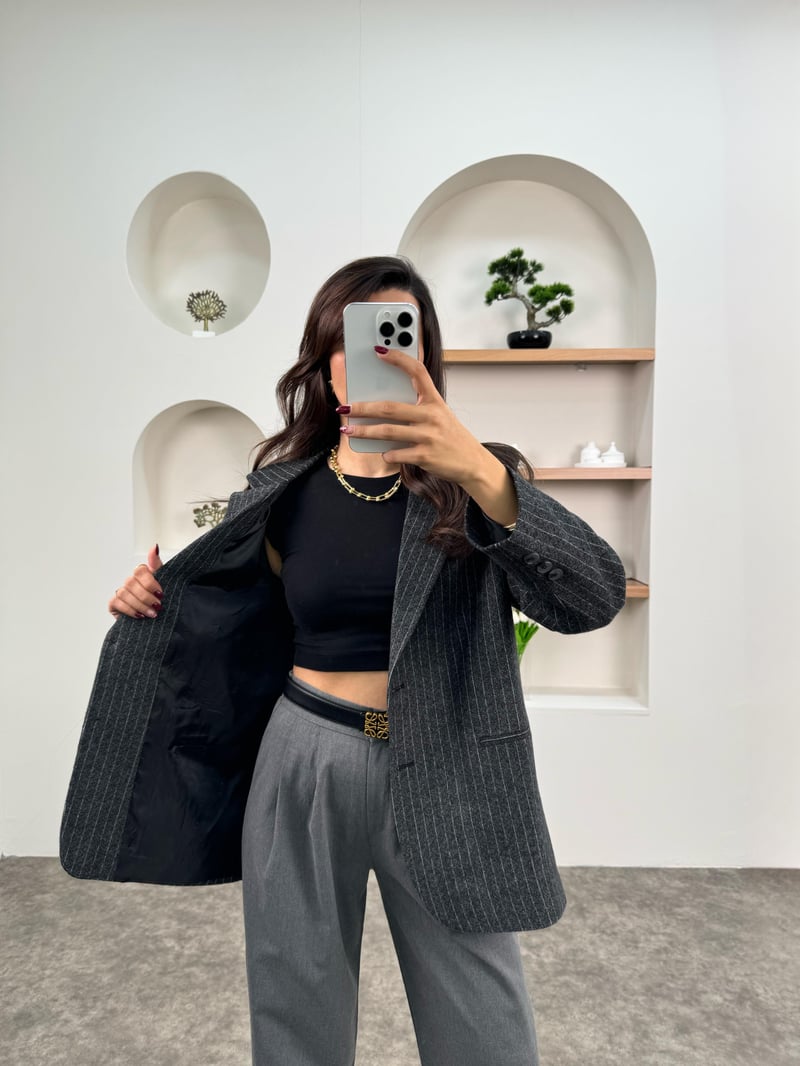 Melins Antrasit Çizgili Astarlı Sakallı Blazer Ceket