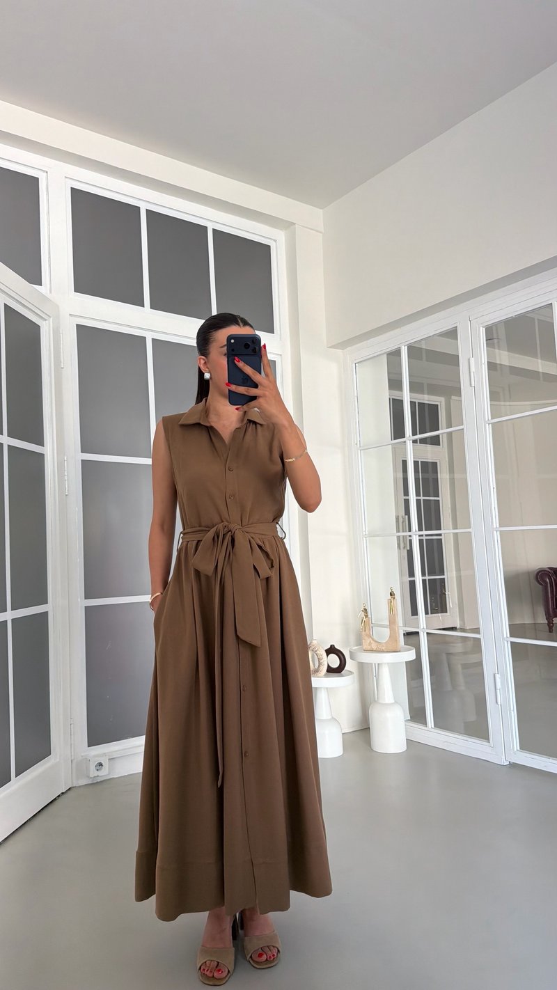 Kahve Sıfır Kol Kuşaklı Keten Elbise GAUS-01832