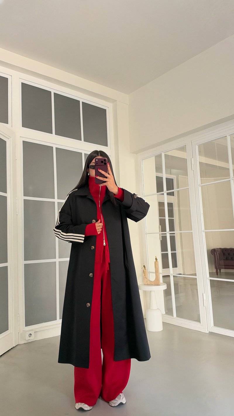 Siyah Kol Şeritli Astarlı Trençkot GAUS-02245