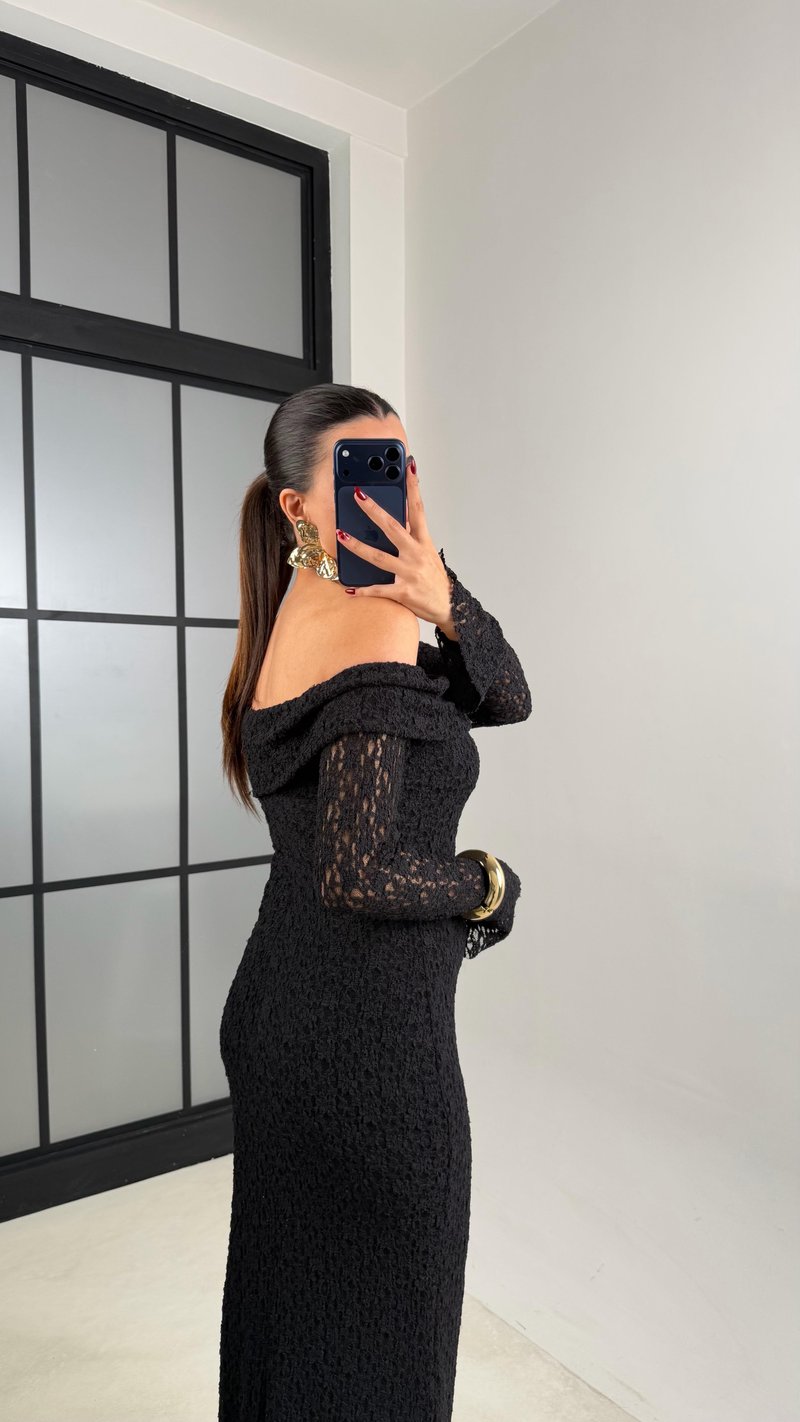 Siyah Madonna Yaka Dantelli Astarlı Elbise GAUS-00664