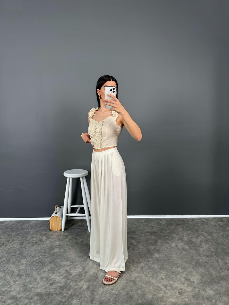 Sesto Ekru Salaş Düğmeli Bol Pantolon 