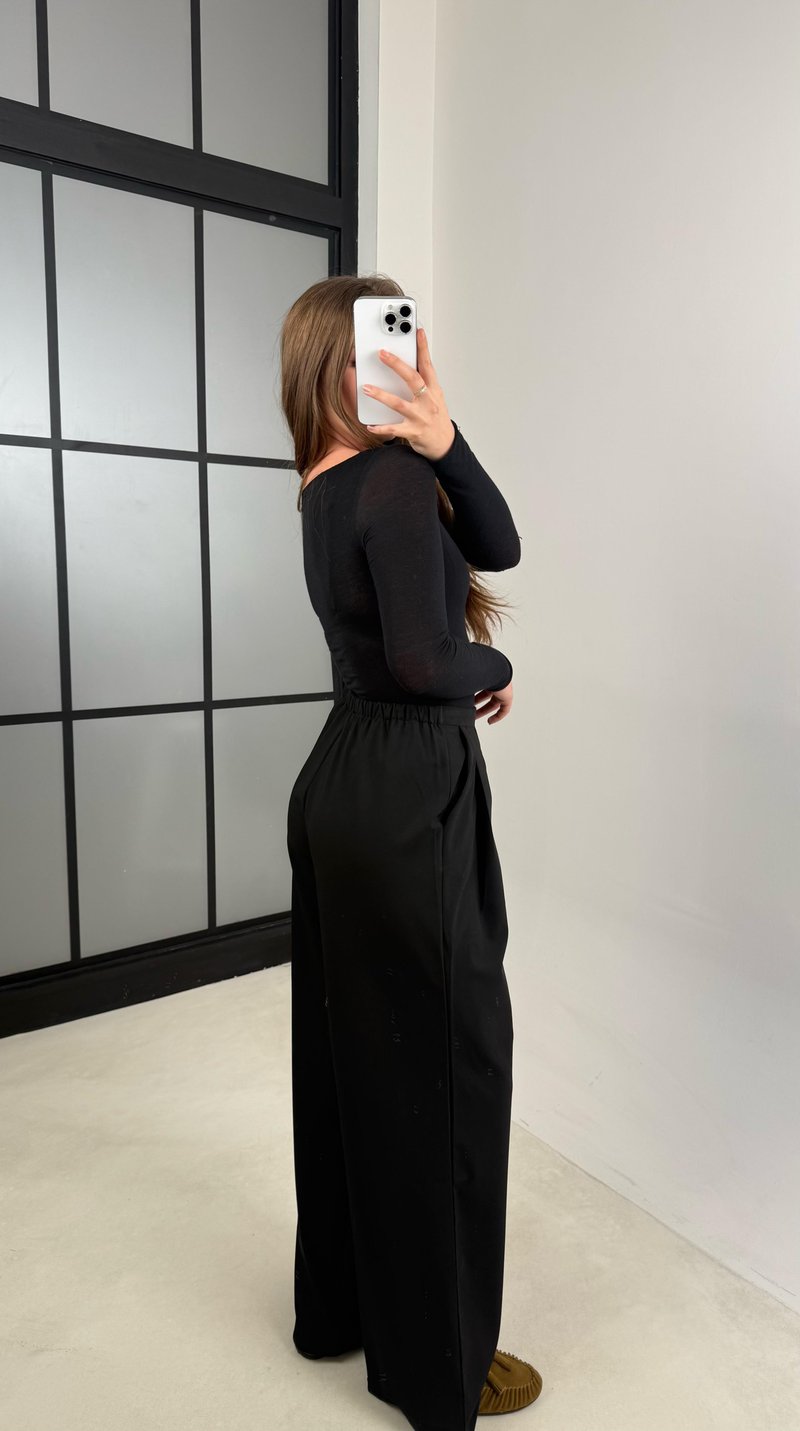 Siyah Beli Lastikli Pile Detaylı Kumaş Pantolon GAUS-00538