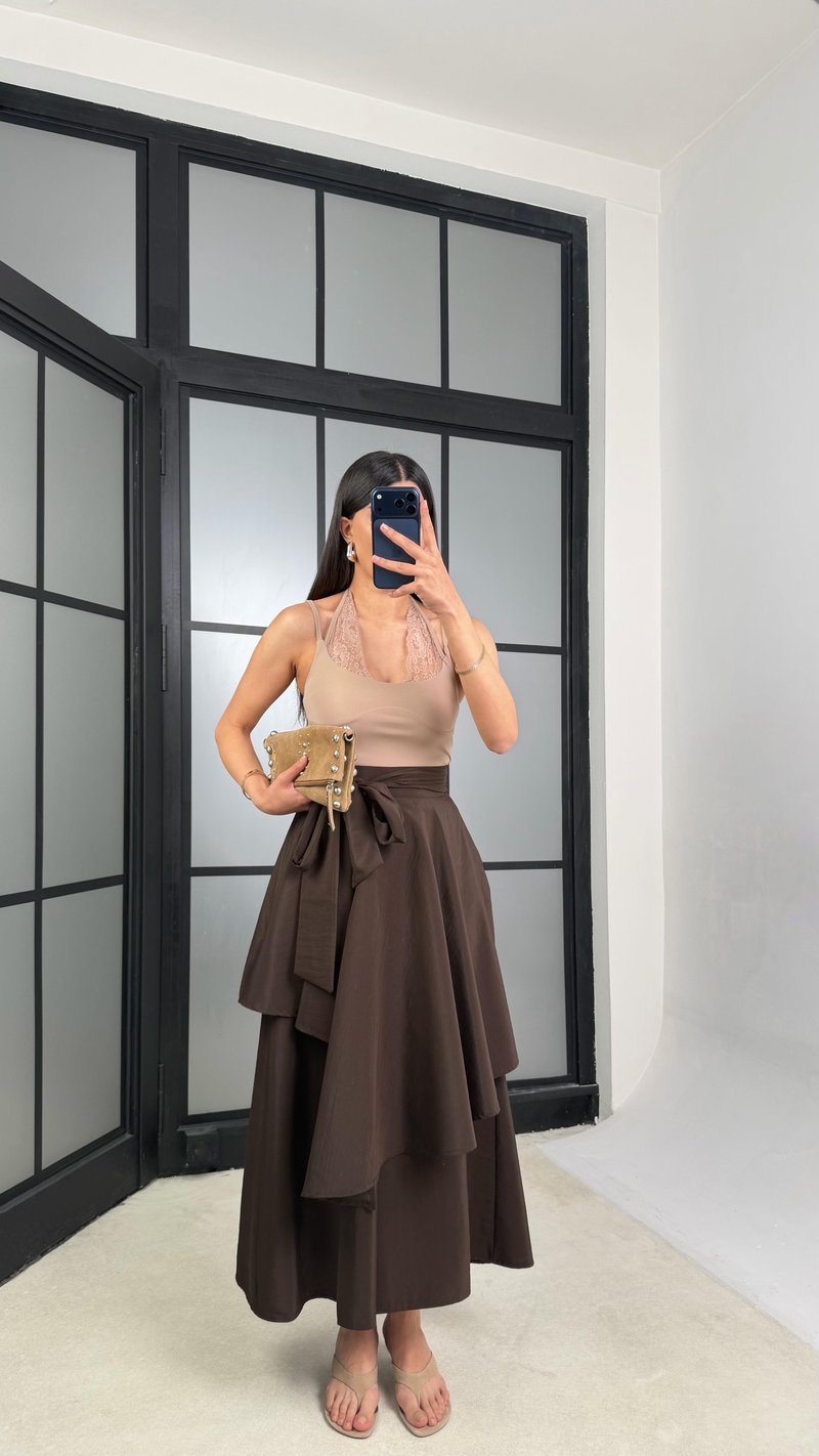 Acı Kahve İthal Tencel Kumaş Tasarım Etek Pantolon GAUS-01412
