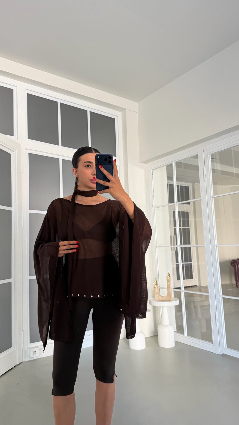 Acı Kahve Şal Detaylı Triko Pelerin GAUS-01862