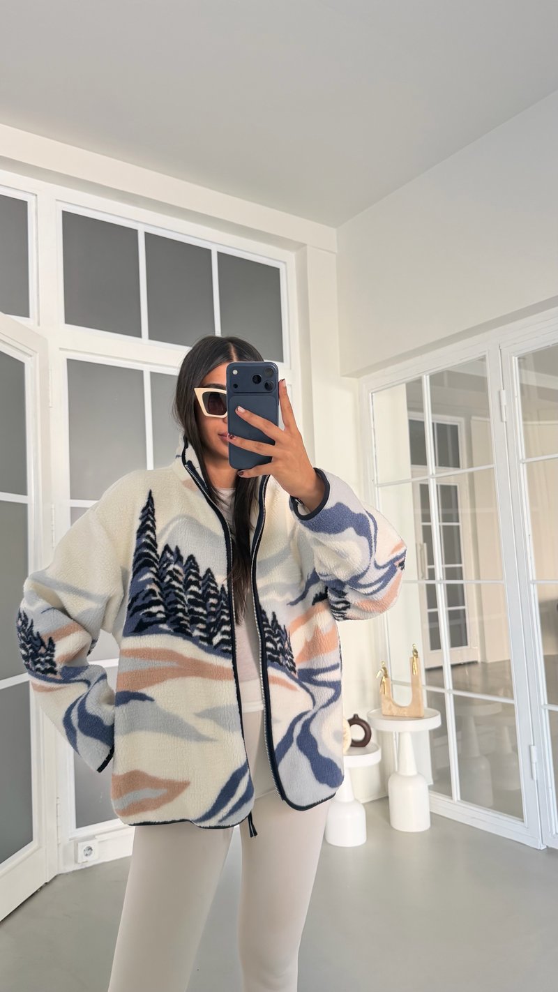 Ekru Ağaç Desenli Polar Sweatshirt GAUS-01909