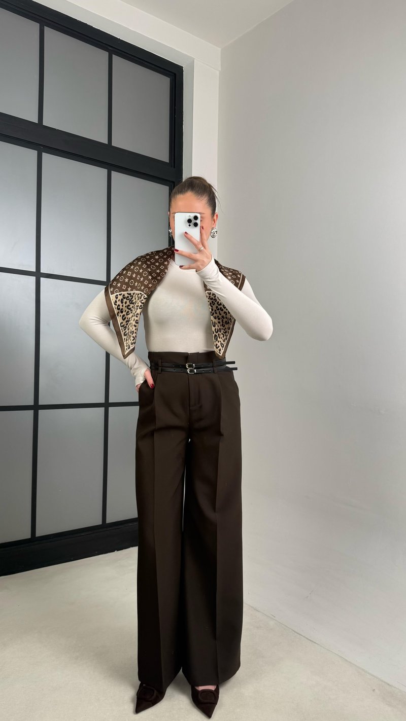 Acı Kahve Çift Kemerli Pileli Kumaş Pantolon GAUS-00896