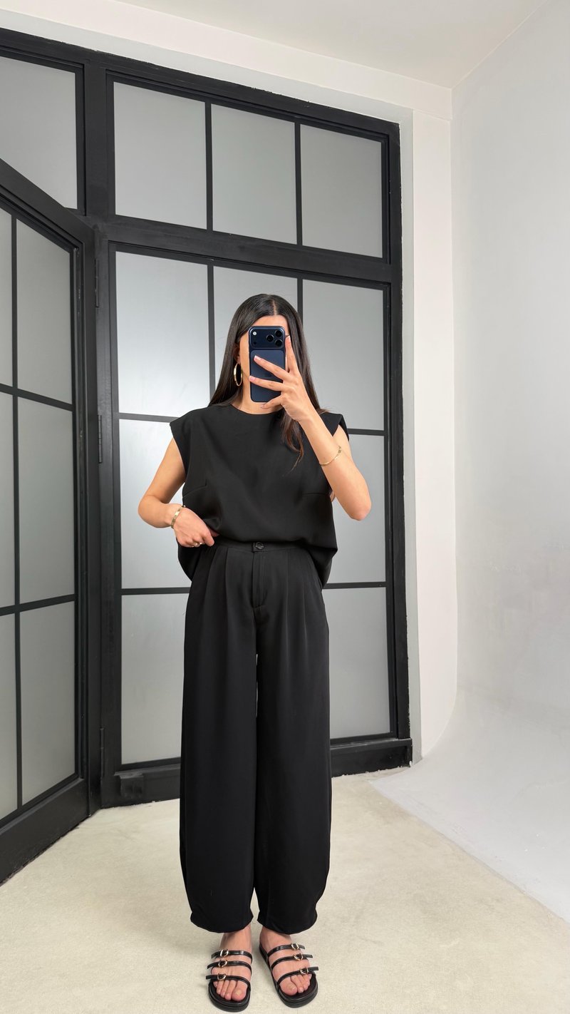 Siyah Vatkalı Bluz Beli Lastikli Pantolon Krep Kumaş Takım GAUS-01485