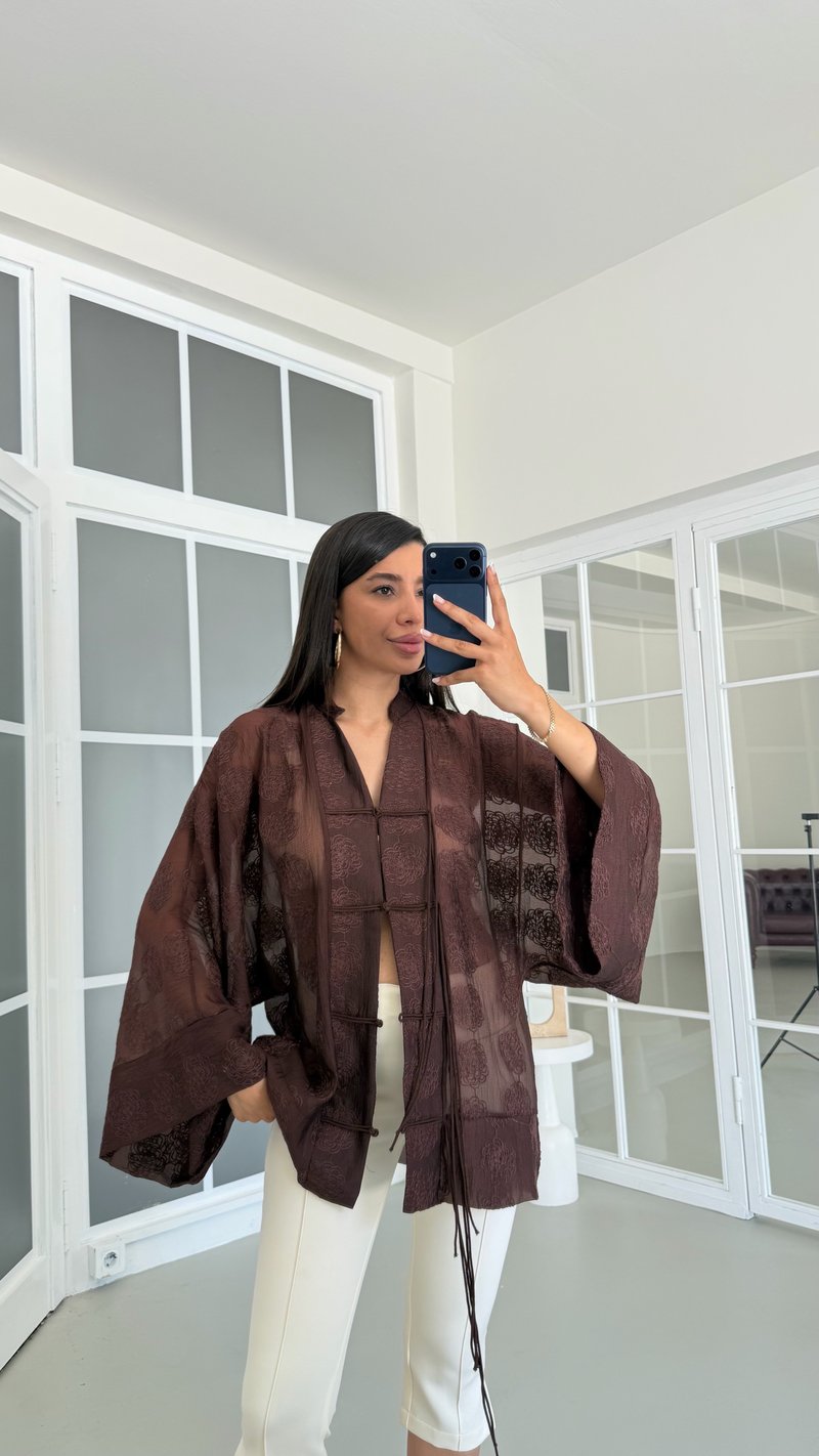 Kahve Çin Düğme Detaylı Premium Gömlek GAUS-01711