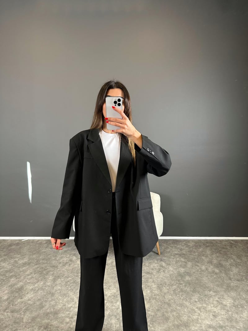 Pascal Siyah Oversize Astarlı Blazer Ceket 