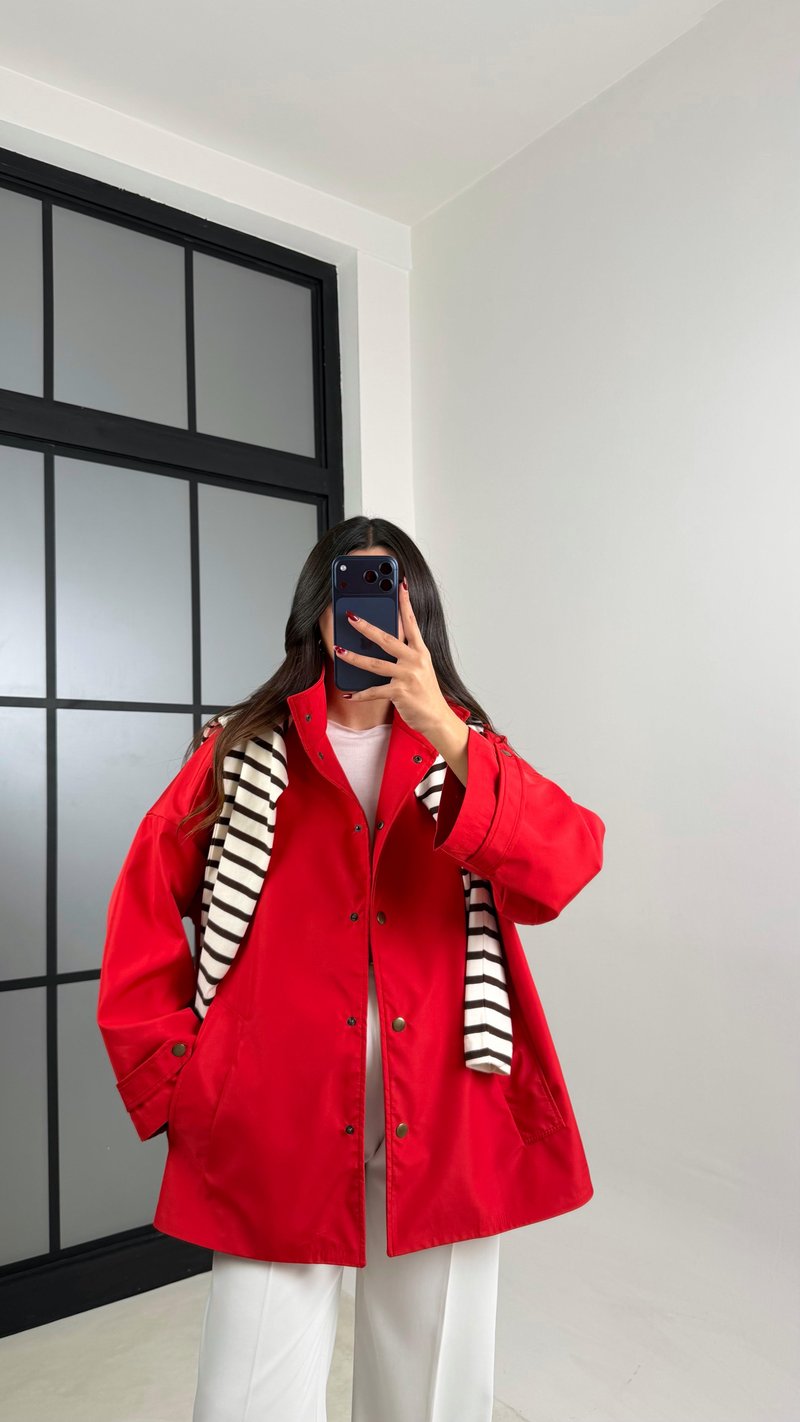 Kırmızı Çıtçıt Düğmeli Astarlı Oversize Premium Ceket GAUS-00794