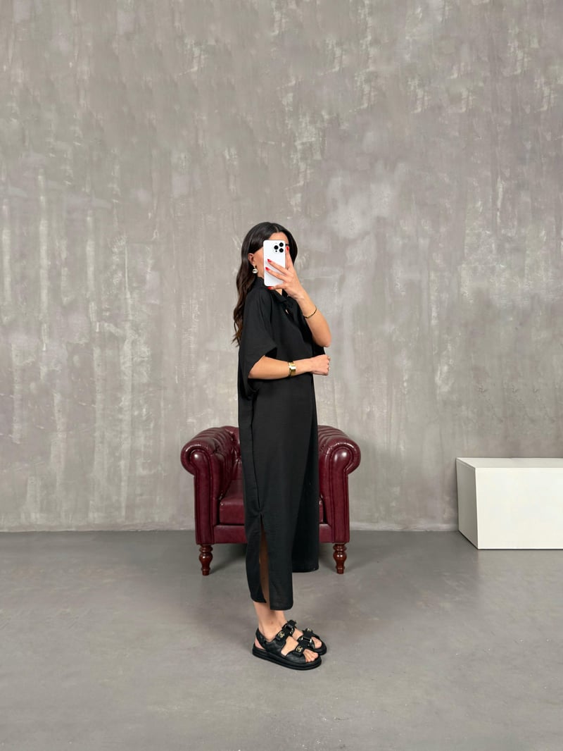 Black V Polo Collar Side Slit Linen Dress Gaus00164