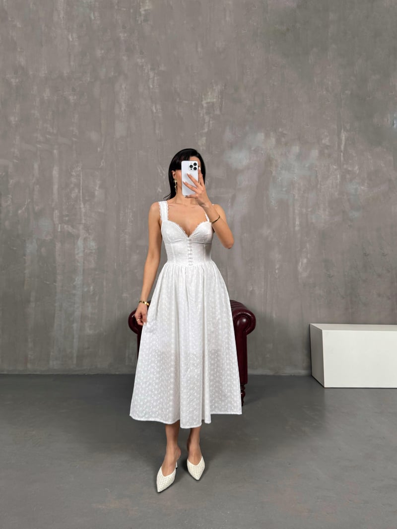 White Strappy Button Detailed Lined Scalloped Dress Gaus00057