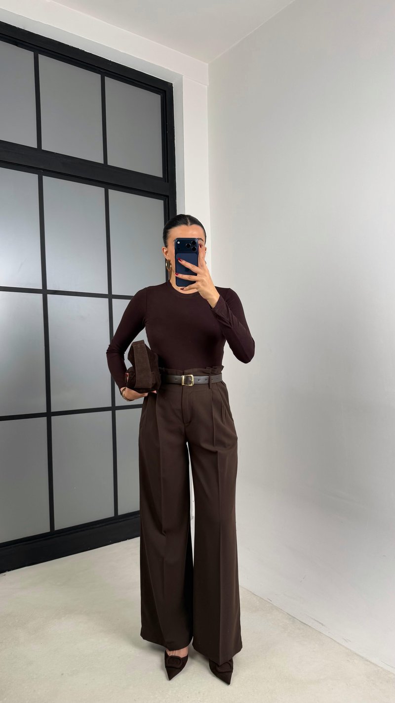 Acı Kahve Pile Detaylı Kemerli Kumaş Pantolon GAUS-00695