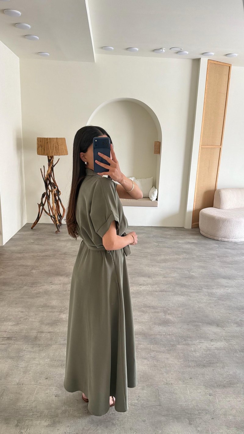 Yeşil Polo Yaka Kuşaklı Tencel Kumaş Elbise GAUS-01429