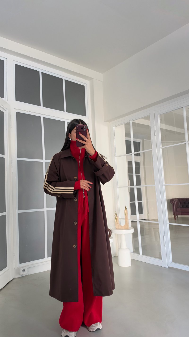 Acı Kahve Kol Şeritli Astarlı Trençkot GAUS-02245