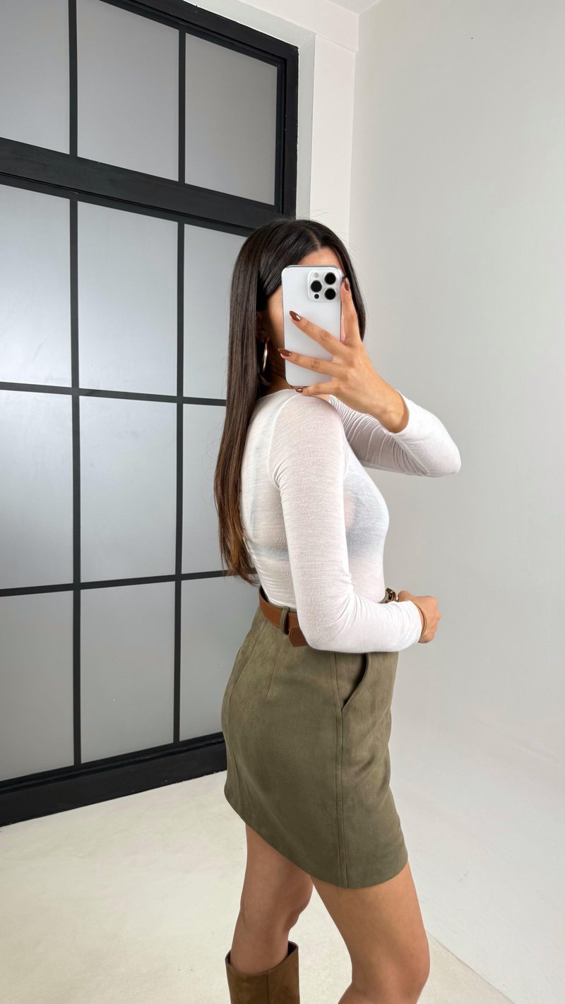Haki Kemerli Süet Şort Etek GAUS-00169