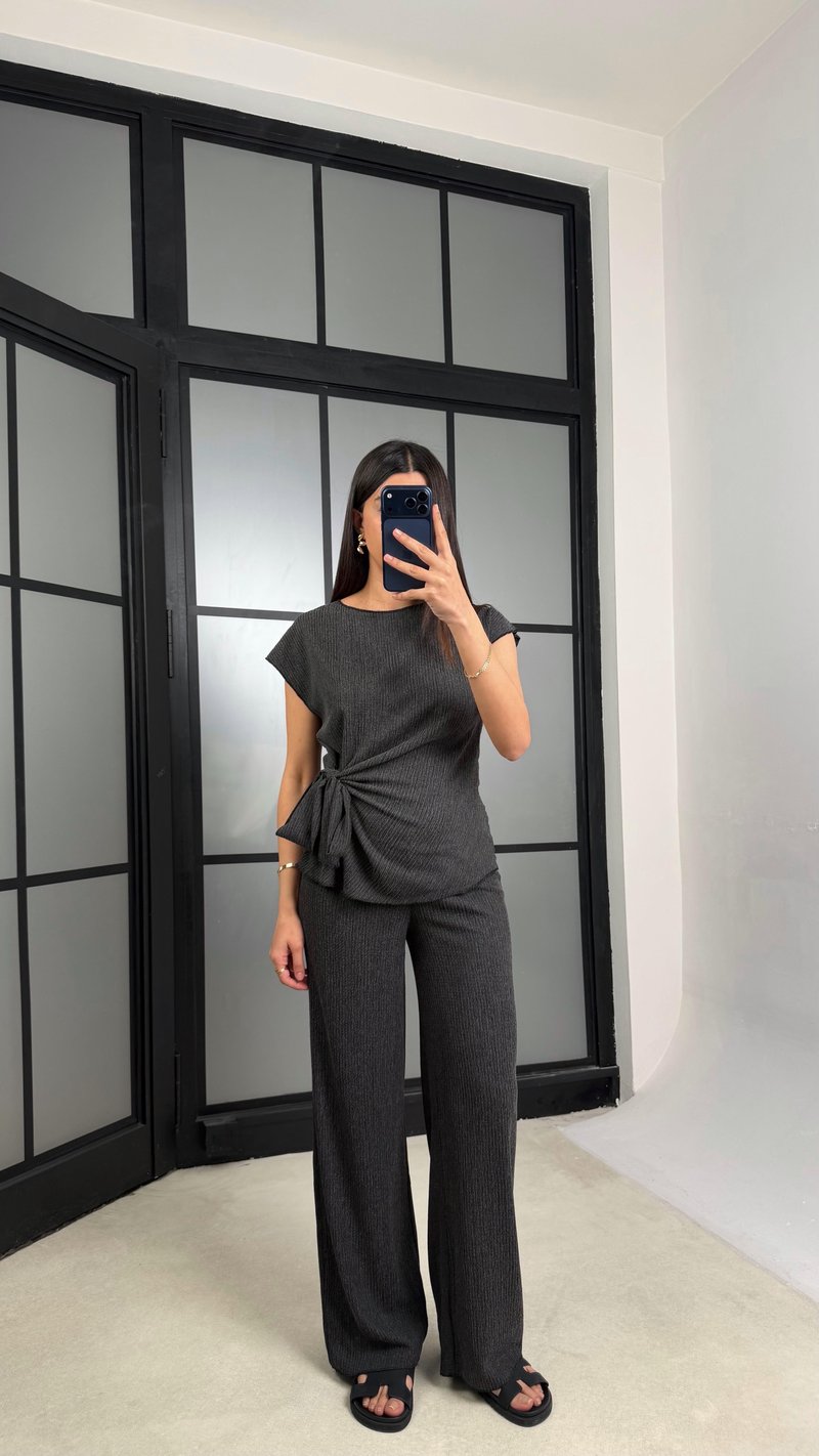 Antrasit Bağlama Detaylı Bluz Beli Lastikli Pantolon Krinkıl Kumaş Takım GAUS-01308