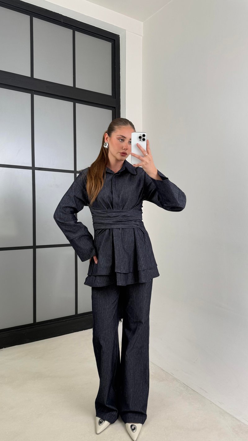 Lacivert Gümüş Çizgili Bağlama Detaylı Gömlek Pantolon Denim Takım GAUS-00638