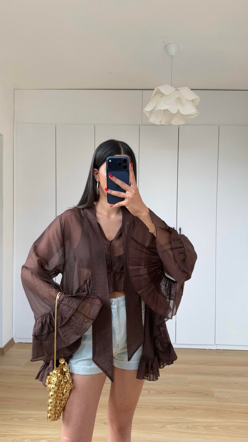 Kahve Şal Detaylı Fırfırlı Bluz GAUS-01597
