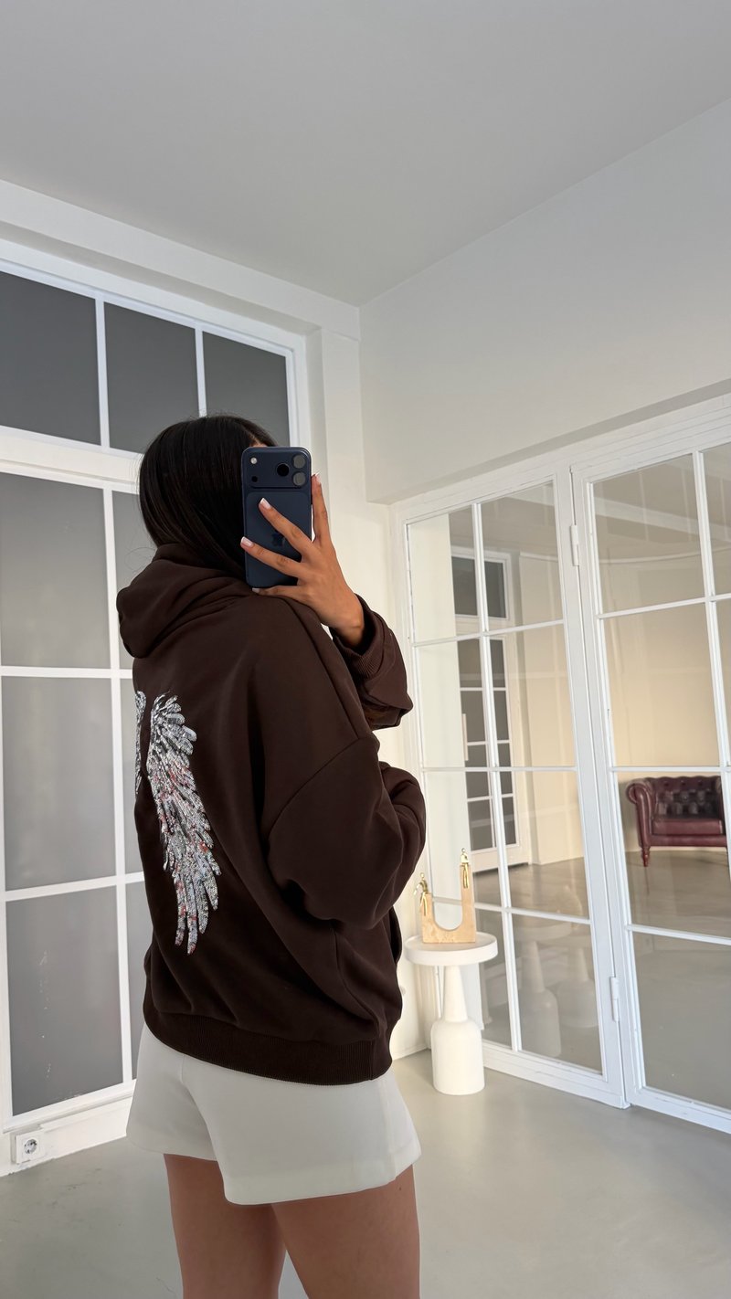 Kahve Kanat İşlemeli Kapüşonlu Sweatshirt GAUS-02052