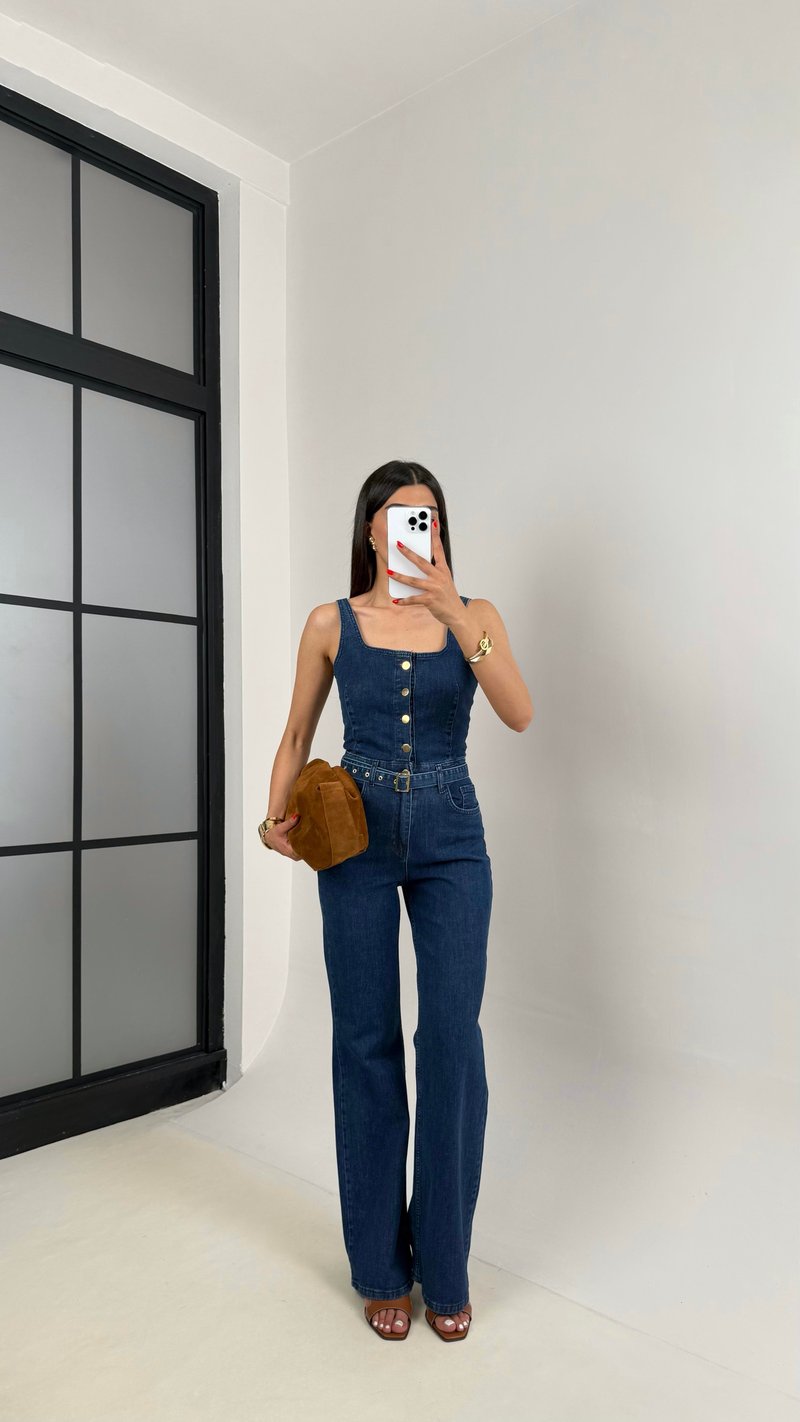 Lacivert Önü Düğmeli Kemerli Likralı Denim Tulum Gaus00473