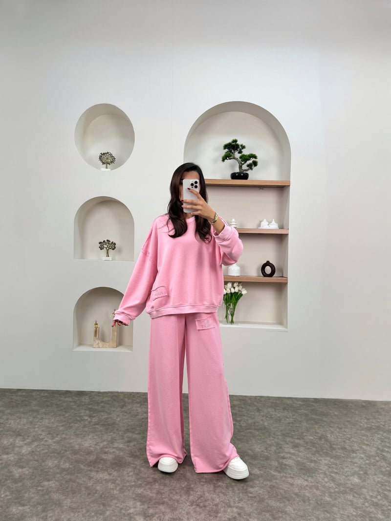 Berry Pembe Eskitme Bisiklet Yaka Taşlı Takım