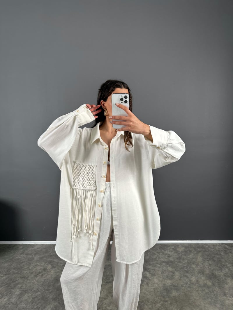Beyaz Püsküllü Premium Oversize Keten Gömlek 