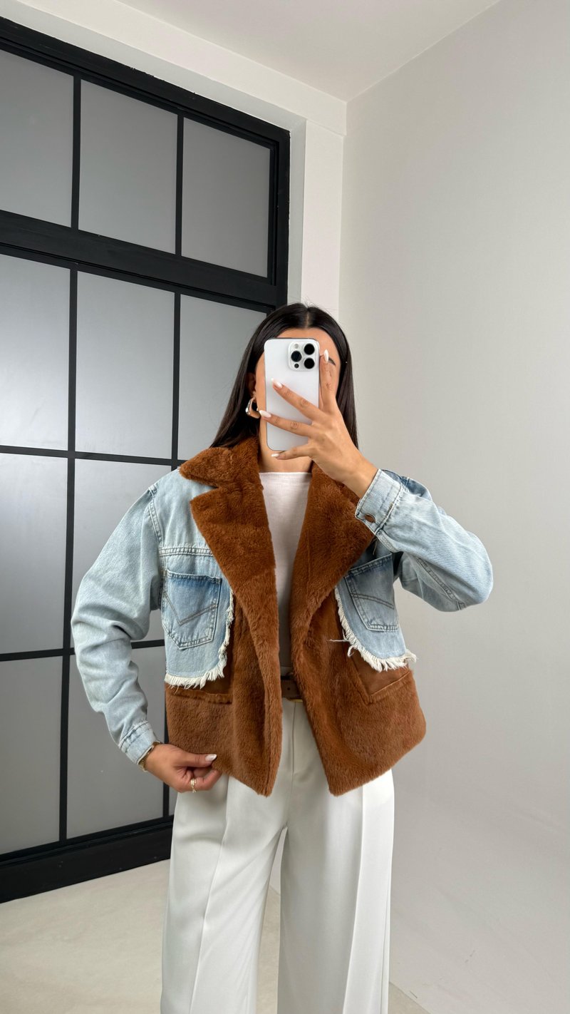 Kahve Denim Detaylı Peluş Ceket GAUS-00583