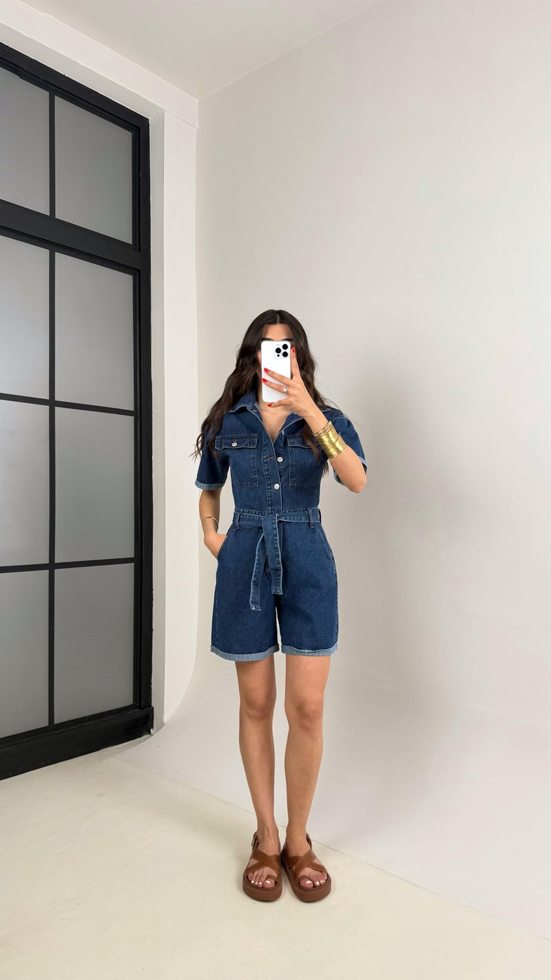 Lacivert Kısa Kol Önü Düğmeli Kemerli  Denim Tulum Gaus00465
