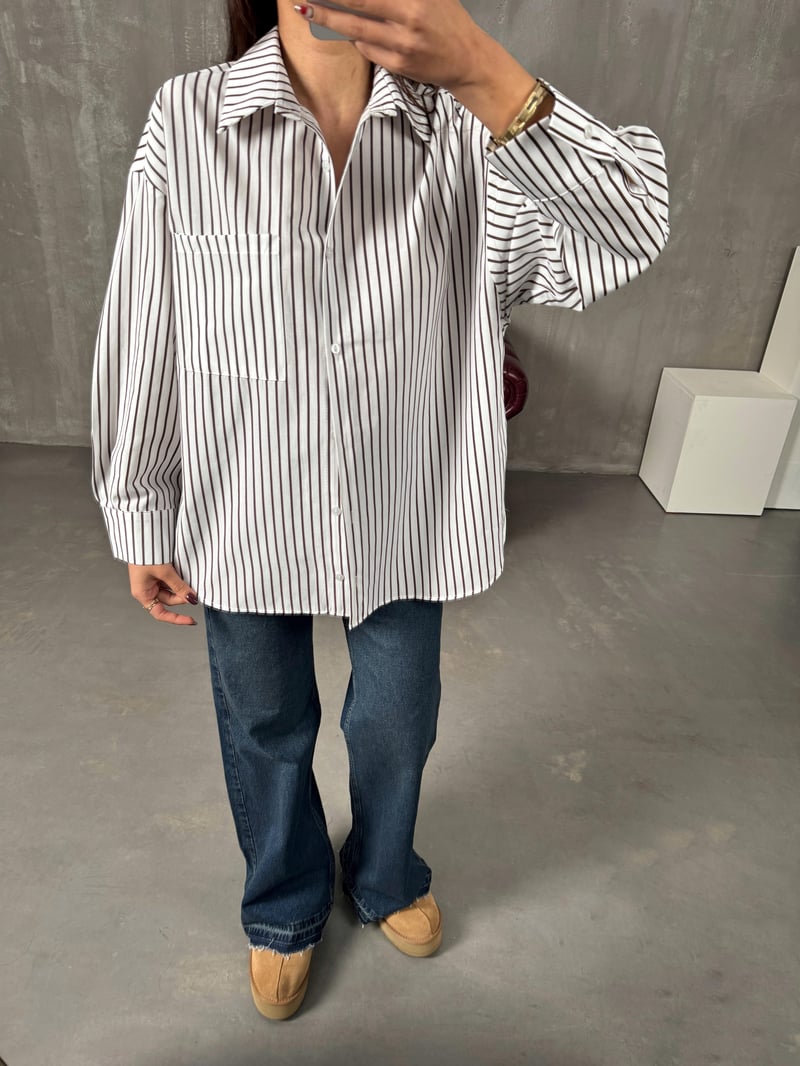 Vory Kahve Çizgili Beyaz Oversize Gömlek