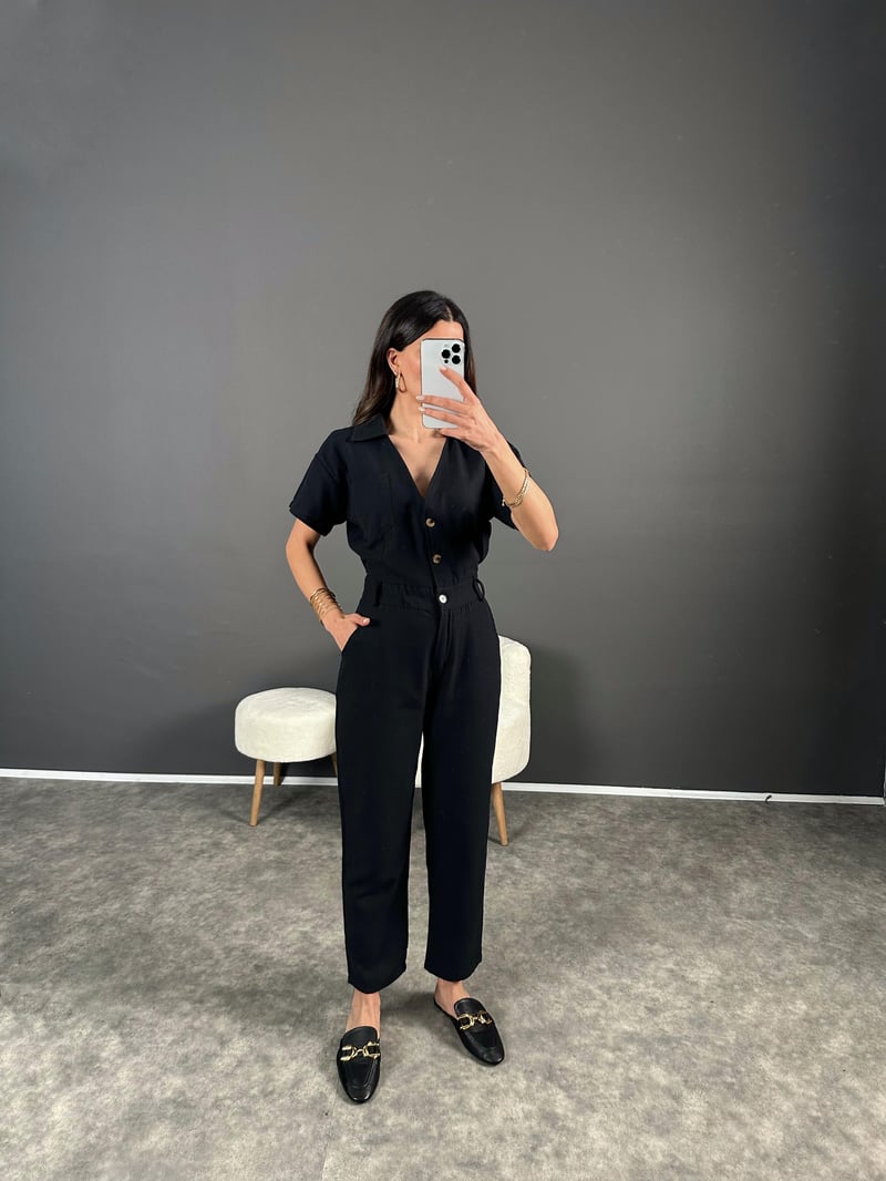 Holi Siyah Arkası Lastikli Premium Keten Tulum