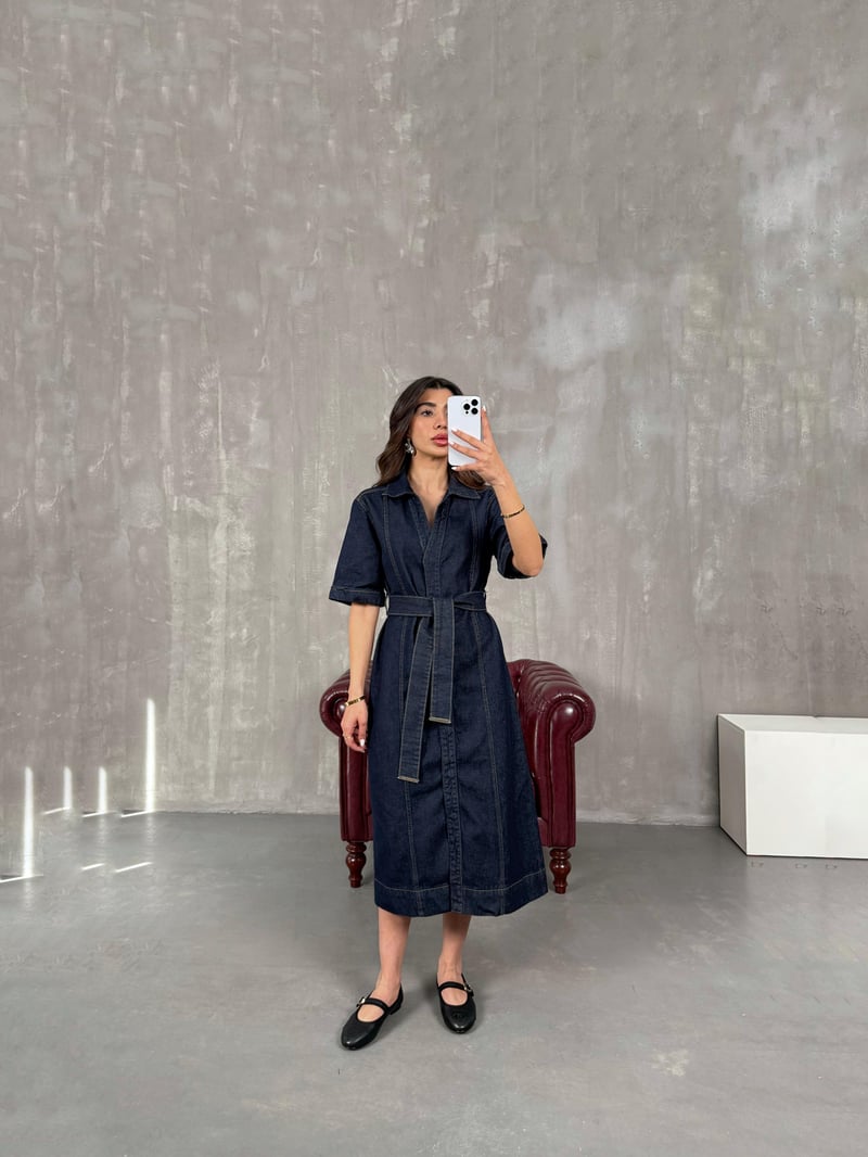 Nise Lacivert Çıtçıt Düğmeli Kuşaklı Denim Elbise