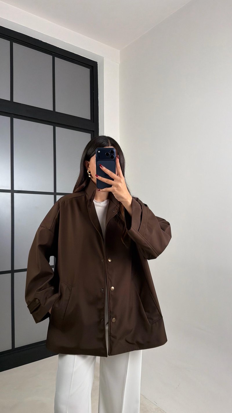 Acı Kahve Çıtçıt Düğmeli Astarlı Oversize Premium Ceket GAUS-00794