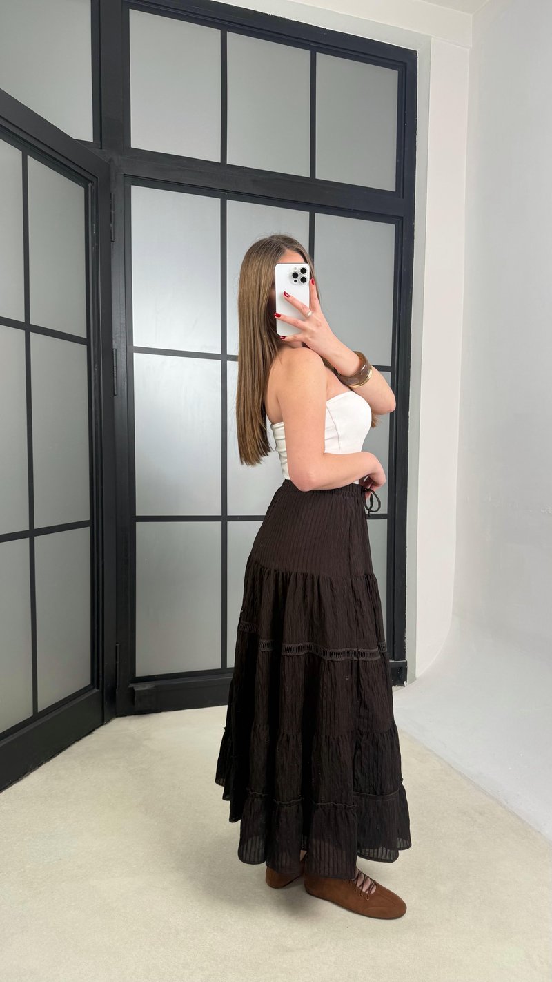 Acı Kahve Beli Lastikli Nakış Detaylı Astarlı Etek GAUS-01242