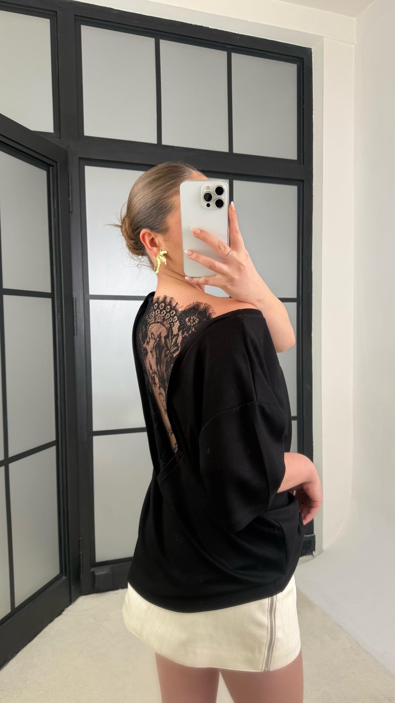 Siyah Arkası Dantel Detaylı Modal Tshirt gaus-01211