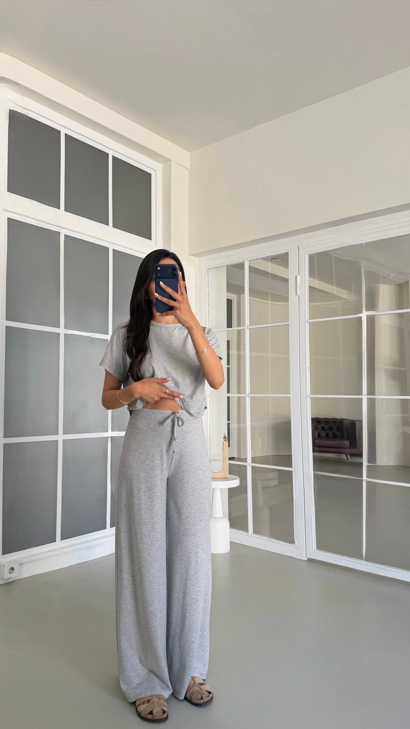 Gri Bluz Beli Lastikli Pantolon İkili Basic Takım GAUS-01712
