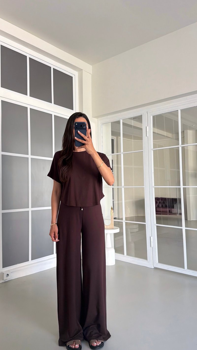 Kahve Bluz Beli Lastikli Pantolon İkili Basic Takım GAUS-01712