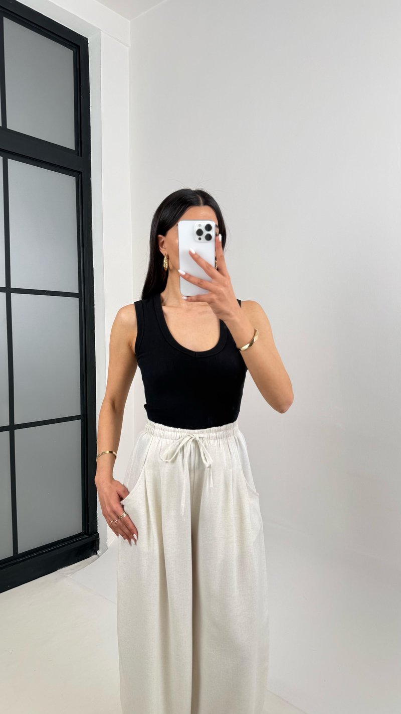 Taş Beli Lastikli Cepli Balon Keten Pantolon Gaus00391