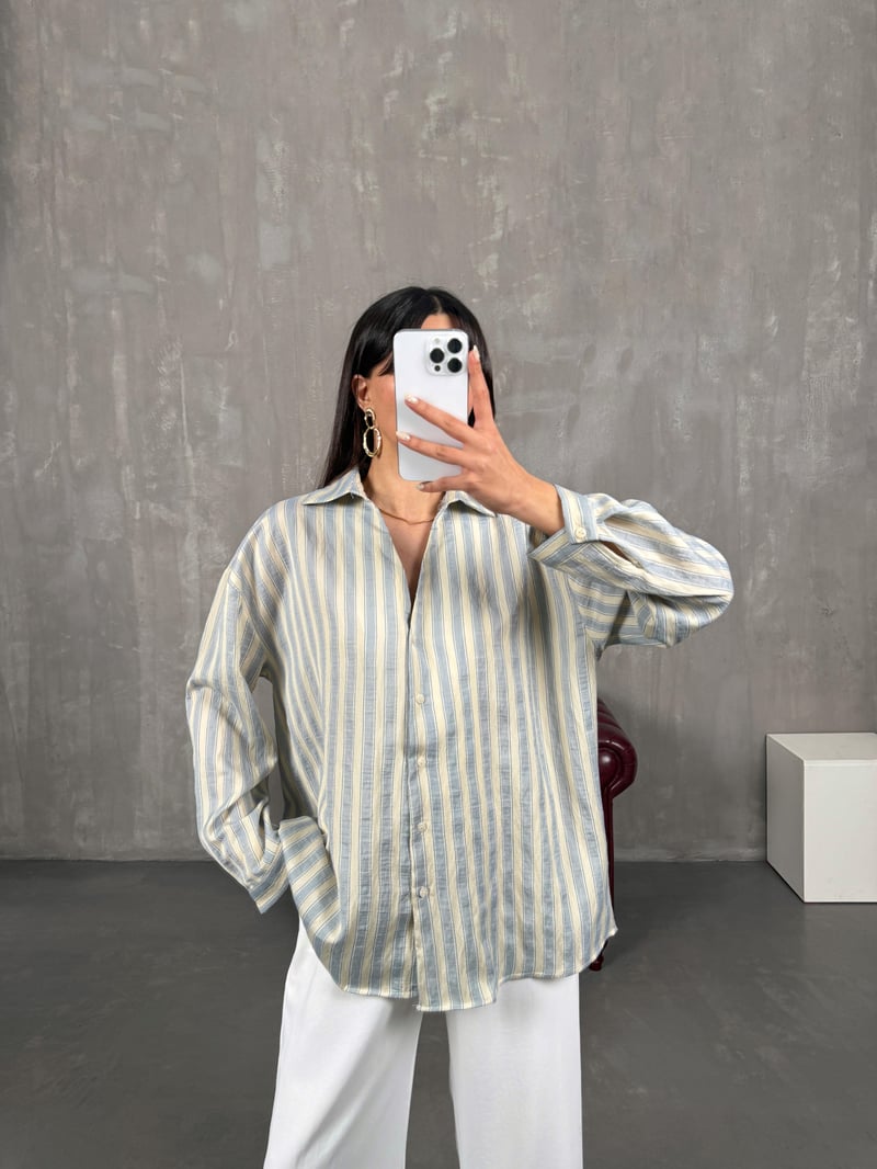Patis Soft Sarı Çizgili V Yaka Oversize Gömlek