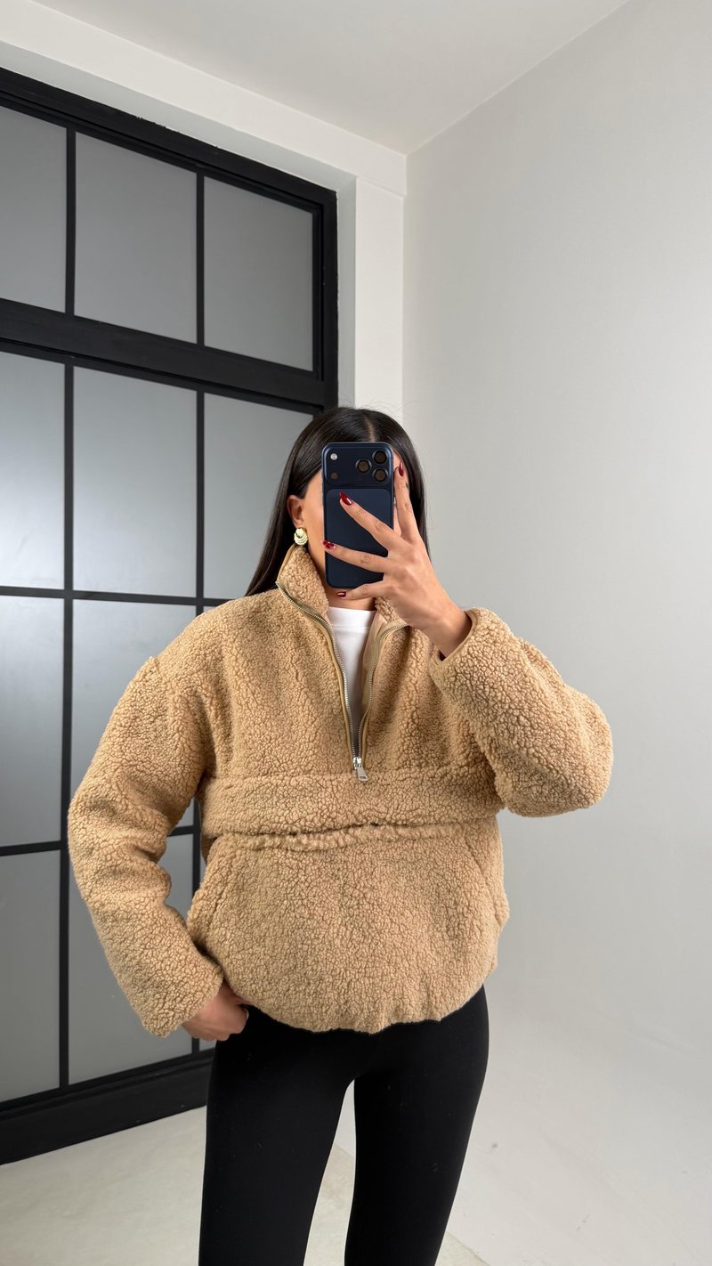 Camel Cepli Yaka Fermuarlı Peluş Sweatshirt GAUS-00672