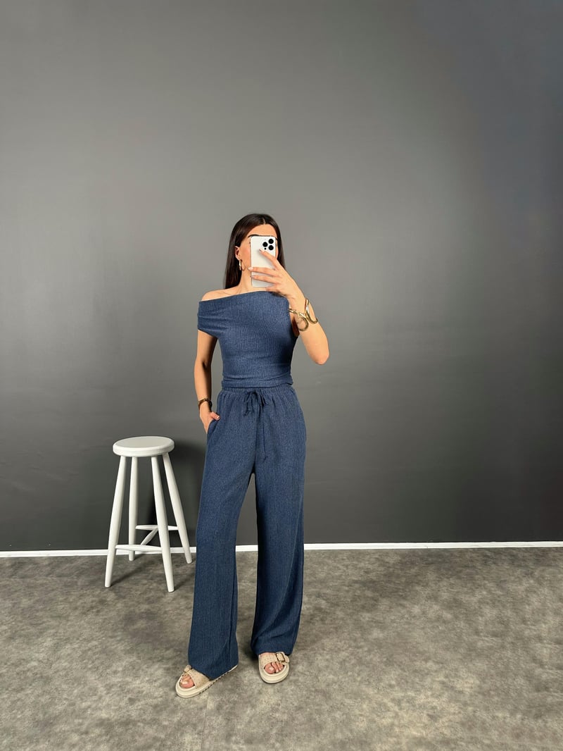 Zr Model Mavi Büzgülü Omuz Dekolteli İkili Takım