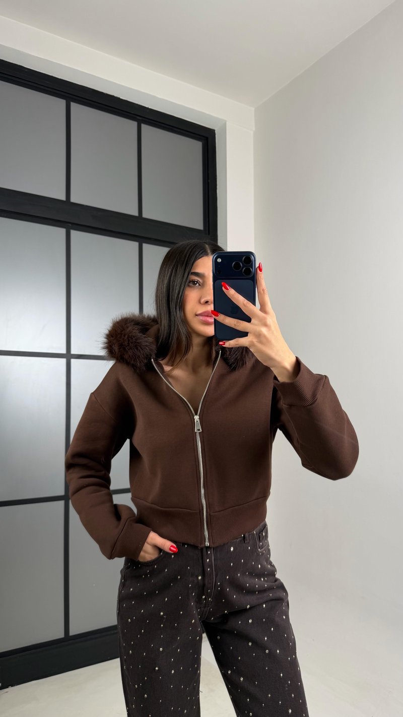 Kahve Kürk Yakalı Şardonlu Premium Sweatshirt GAUS-00959