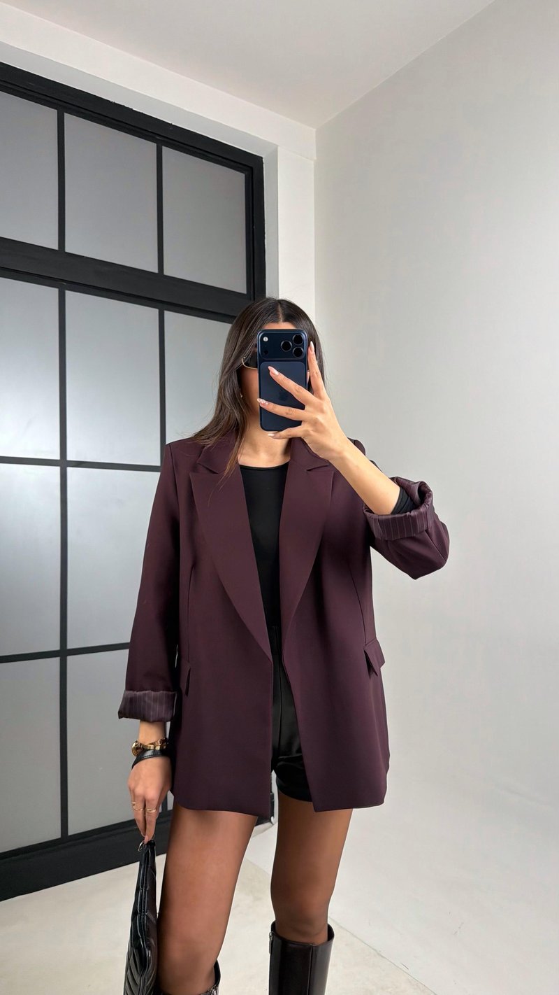 Mürdüm Astarlı Vatkalı Cep Detaylı Blazer Ceket GAUS-00850