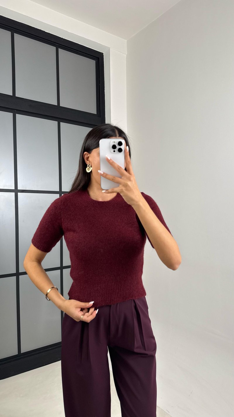 Mürdüm Kısa Kol Yumuşak Triko Kazak GAUS-00554GAUSKAZAKGAUS-00554