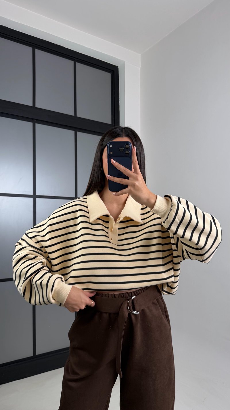 Siyah Polo Yaka Çizgili Sweatshirt GAUS-00827