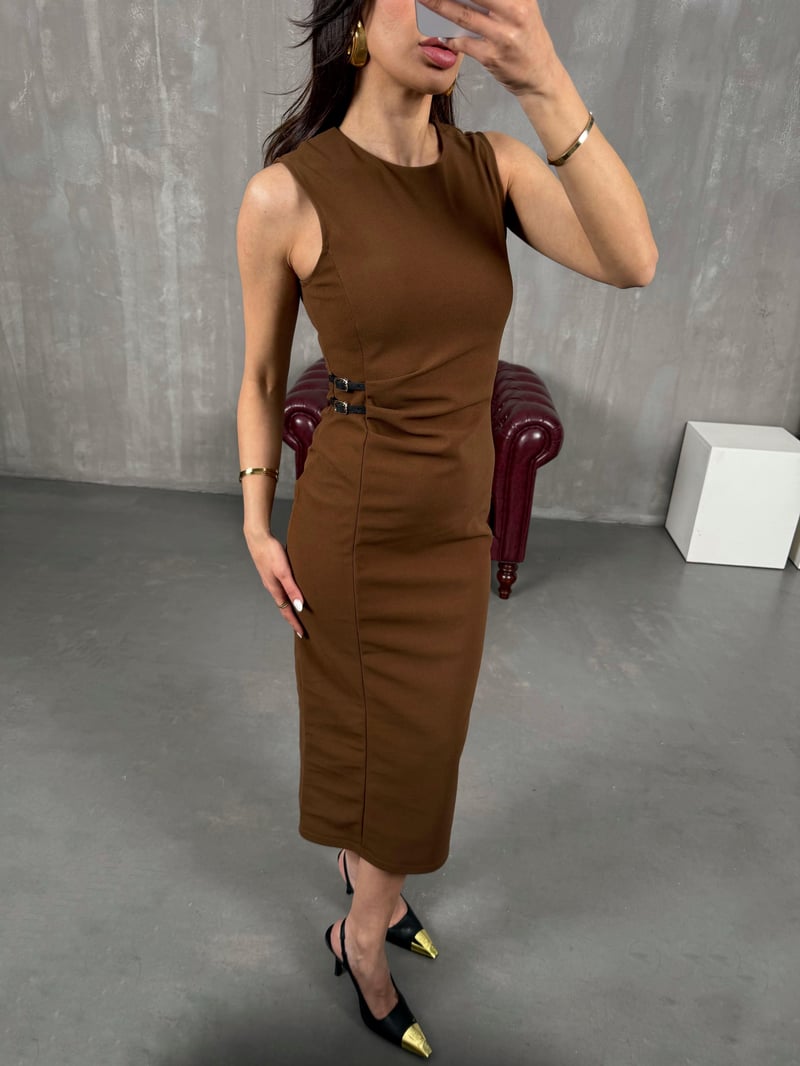 Kahve Yan Mini Kemer Detaylı Elbise Gaus00055