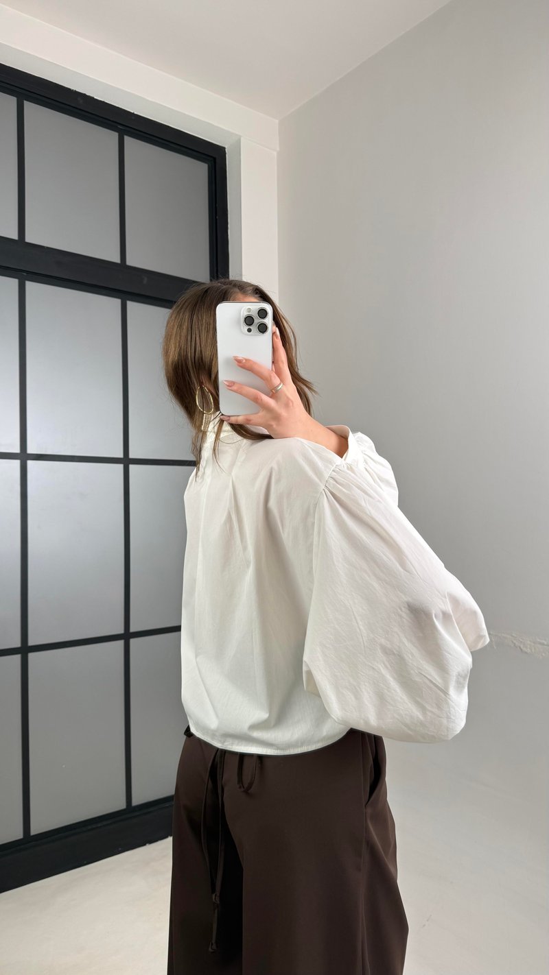 Ekru Balon Kol Crop Poplin Gömlek GAUS-01117